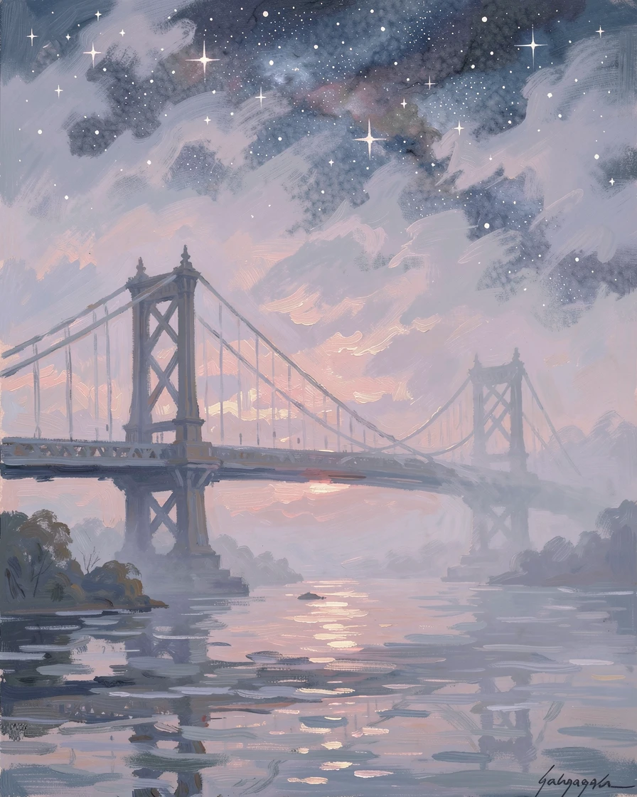 A dramatic fog rolling over a suspension bridge at dawn, the towers disappearing into the mist, under a canopy of stars, conveying a feeling of romance and tranquility.