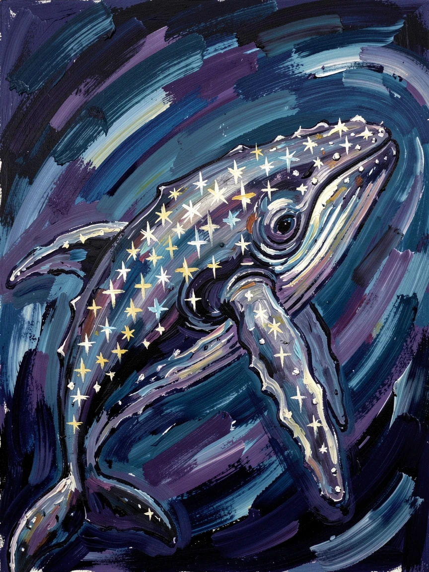 A whale gliding gracefully through the night sky, stars scattered along its back.