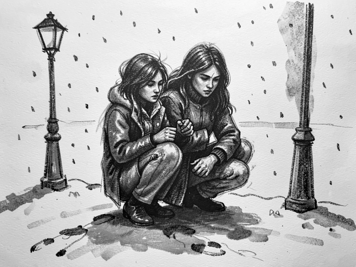 Twin sisters working intently with focused concentration, on a snowy street.