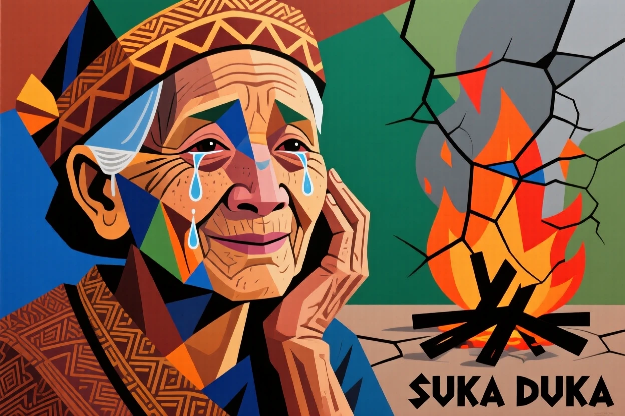 A close-up portrait of an elderly woman of Balinese heritage, holding back tears of joy, beside a crackling hearth.