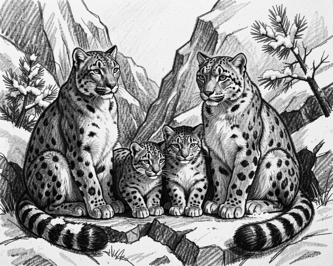 A snow leopard gathered together as a family in their natural habitat.