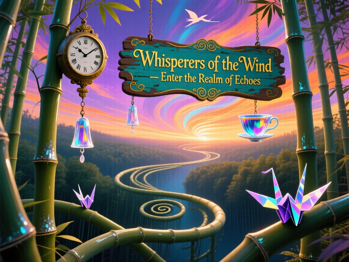 A bamboo forest whose stalks chime softly like wind bells stretches endlessly beneath a sky of shifting colors, as the horizon bends gently upward at its farthest edge.