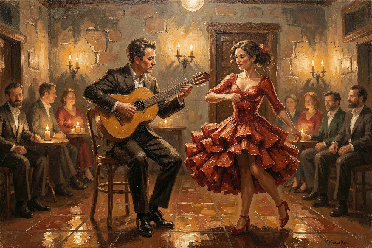 A flamenco guitarist plays intently in a candlelit Spanish tavern, fingers blurring across the strings as a dancer stamps nearby, the surrounding crowd adding energy and movement to the edges of the composition.
