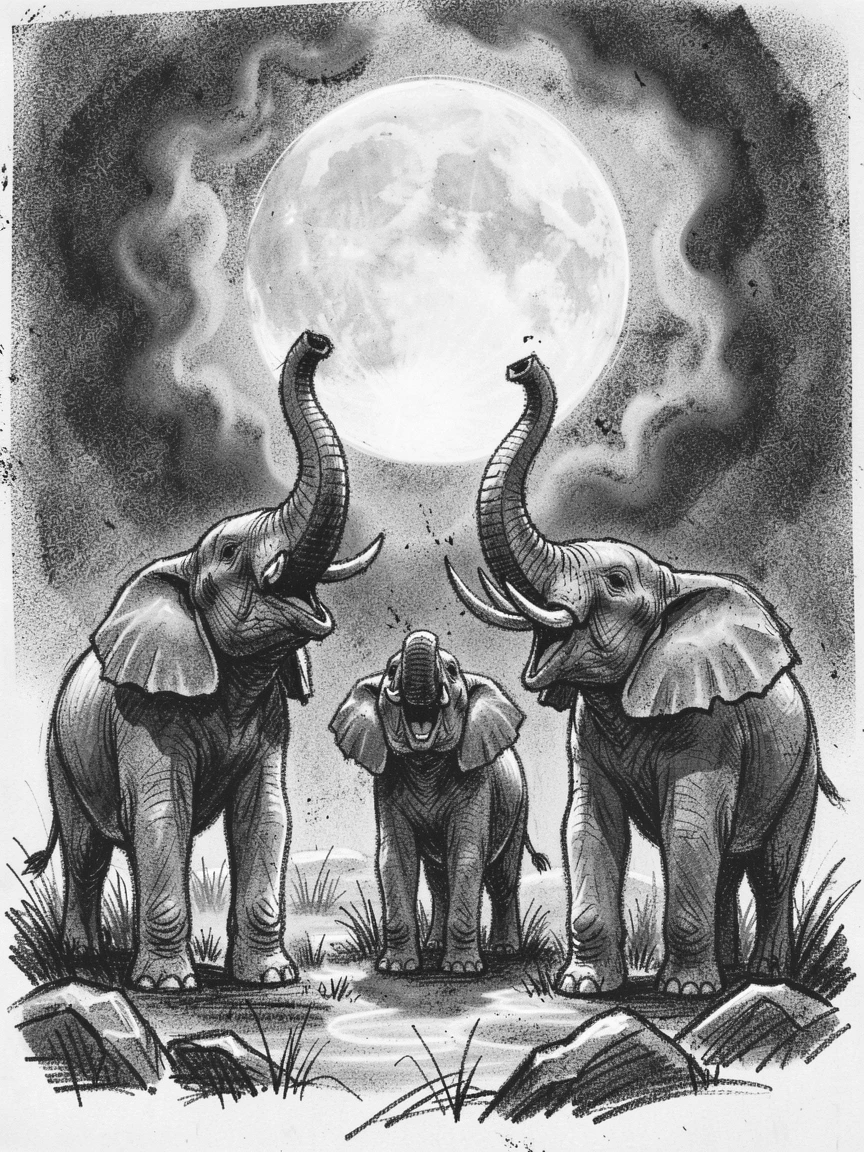 A family of elephants howling at a full moon.