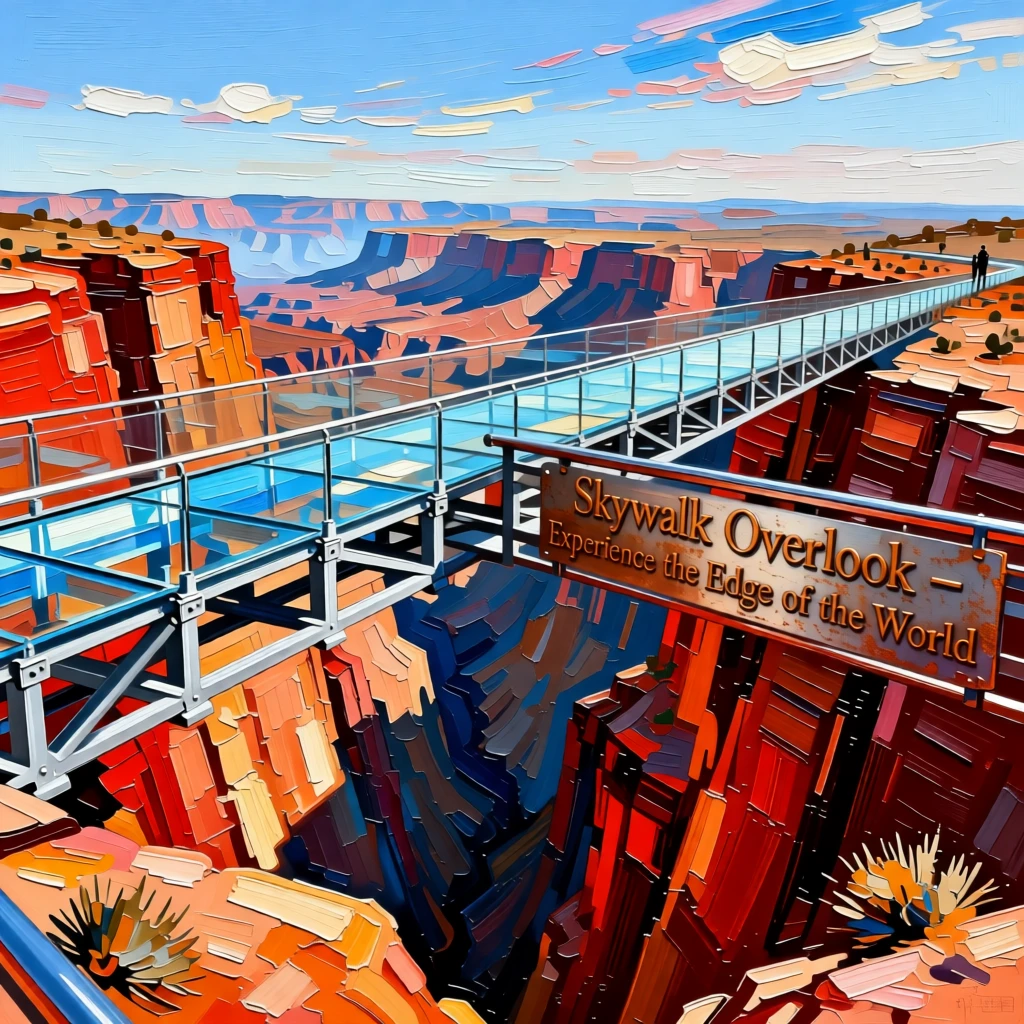 A glass skywalk bridge suspended high above a dramatic canyon landscape
