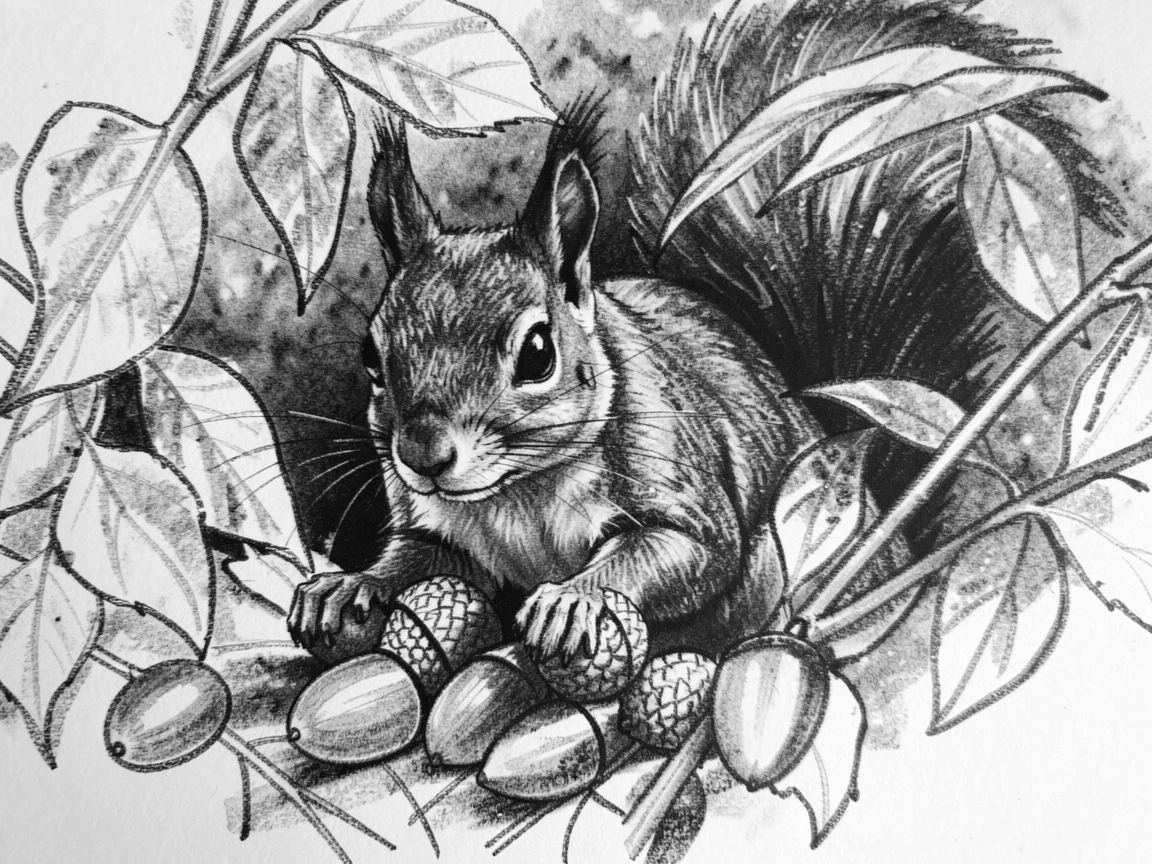 A squirrel gathering acorns peeking out curiously from behind foliage.