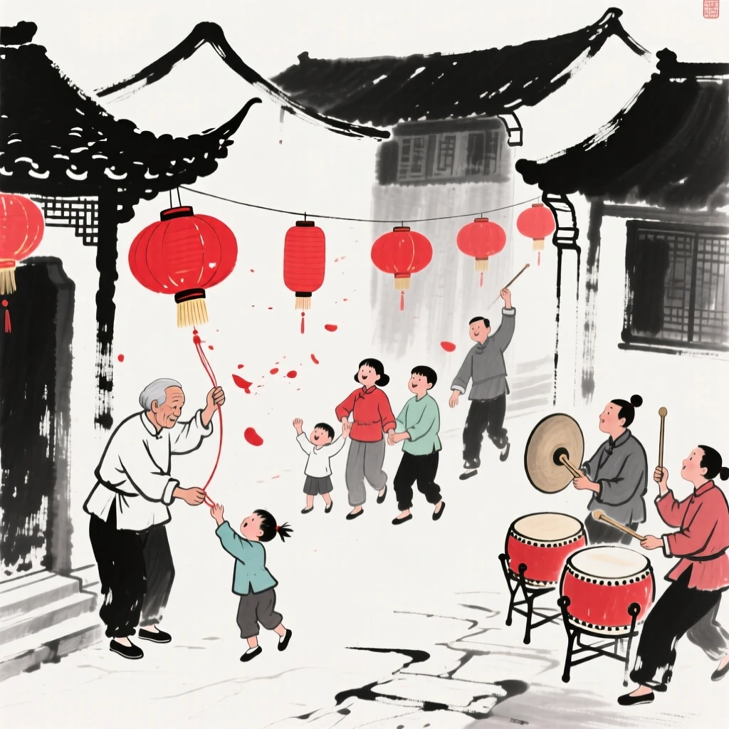 A family hangs red lanterns along the eaves of their courtyard home, with drums and cymbals sounding through the streets.