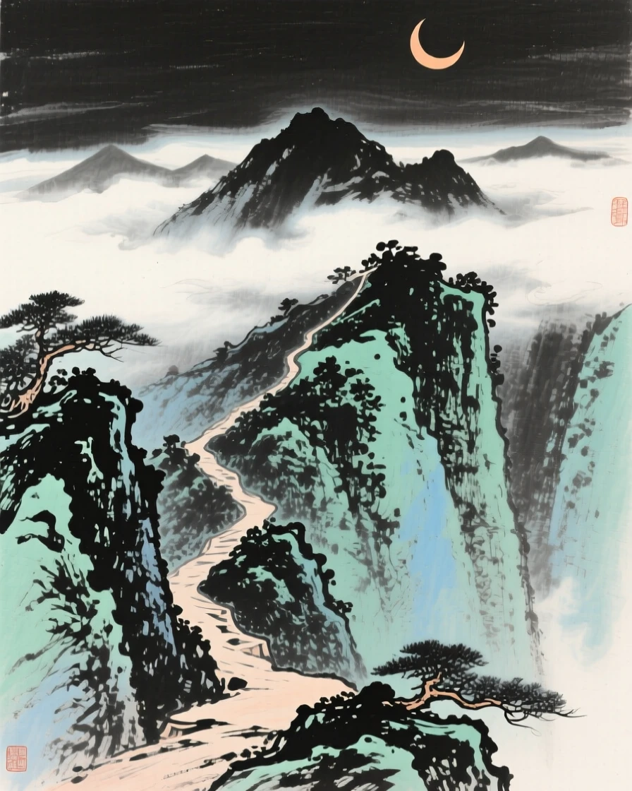 A steep mountain trail leading toward a distant summit, beneath low hanging clouds, beneath a crescent moon.