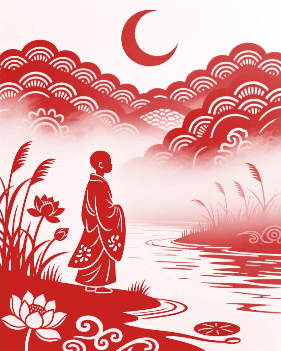 A composition of a young monk along a misty riverbank at dawn, a crescent moon rising above the ridgeline.