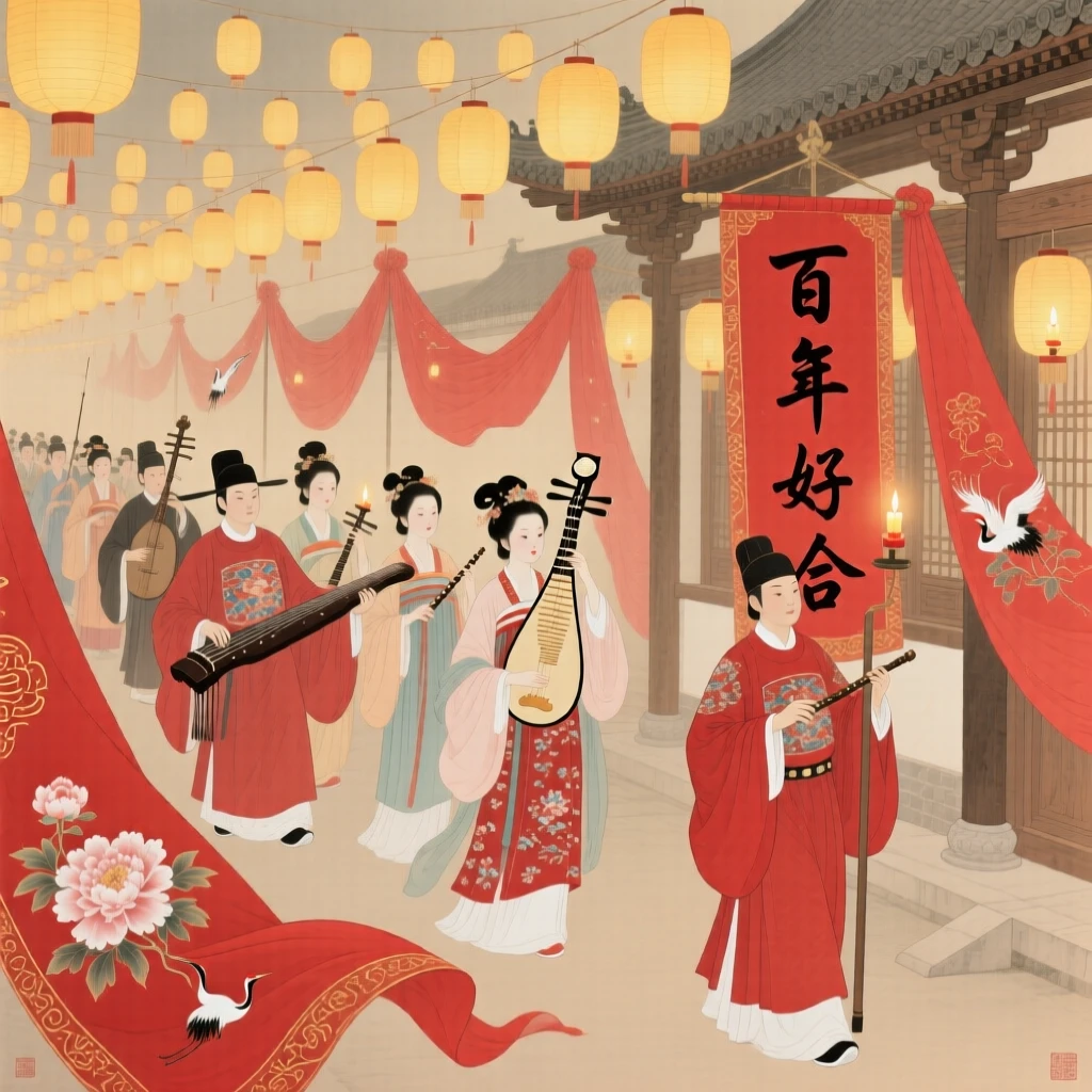 A wedding procession with musicians and red silk banners, lit by hundreds of small hanging lanterns