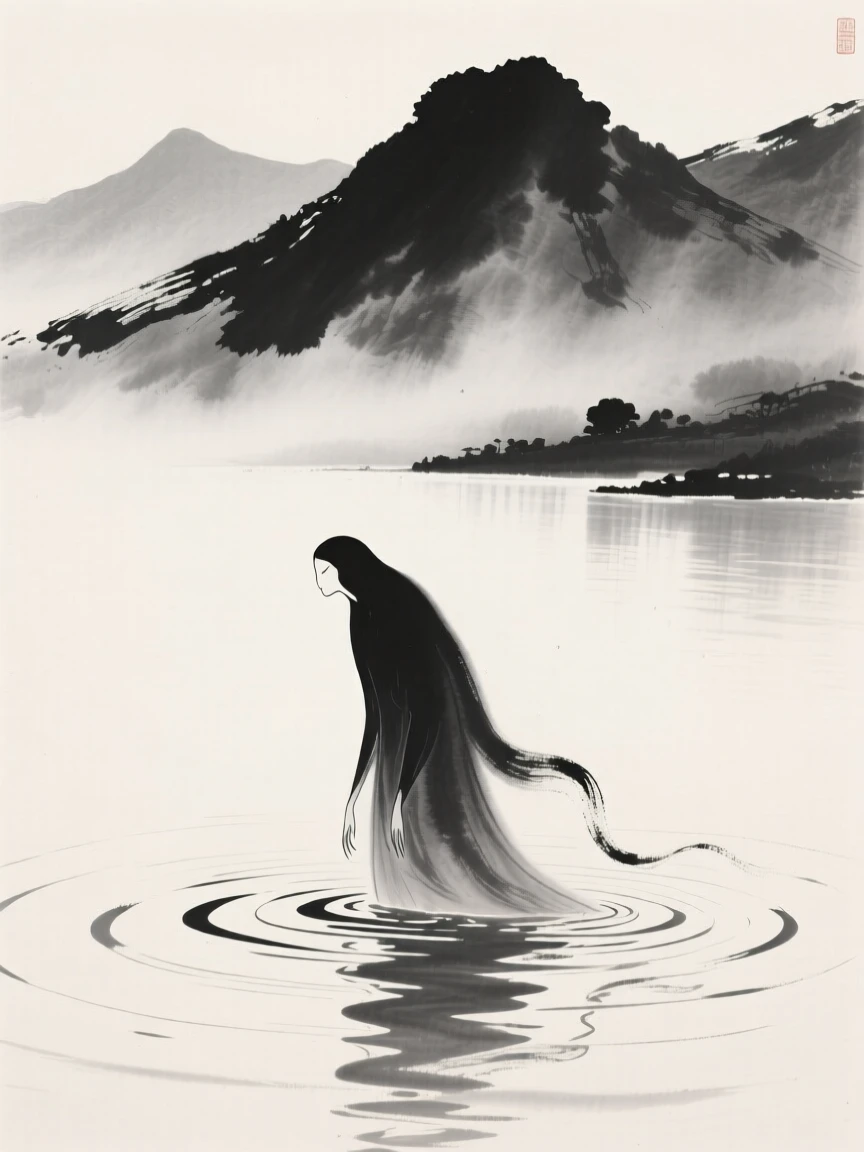 A water spirit emerging gently from a still lake above a mist-shrouded mountain range, seen from below, looking up in quiet awe, capturing a dreamlike, otherworldly stillness.