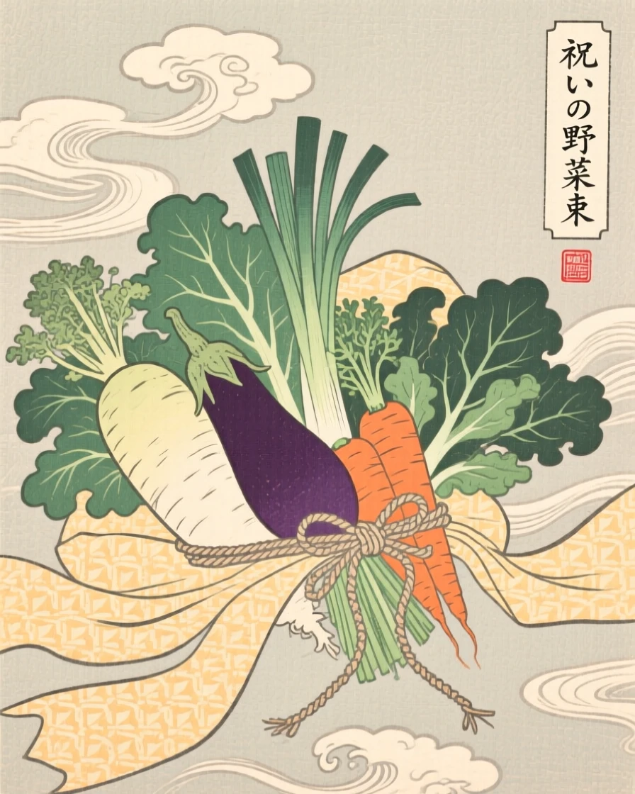 A bundle of fresh market vegetables draped elegantly for a special occasion.