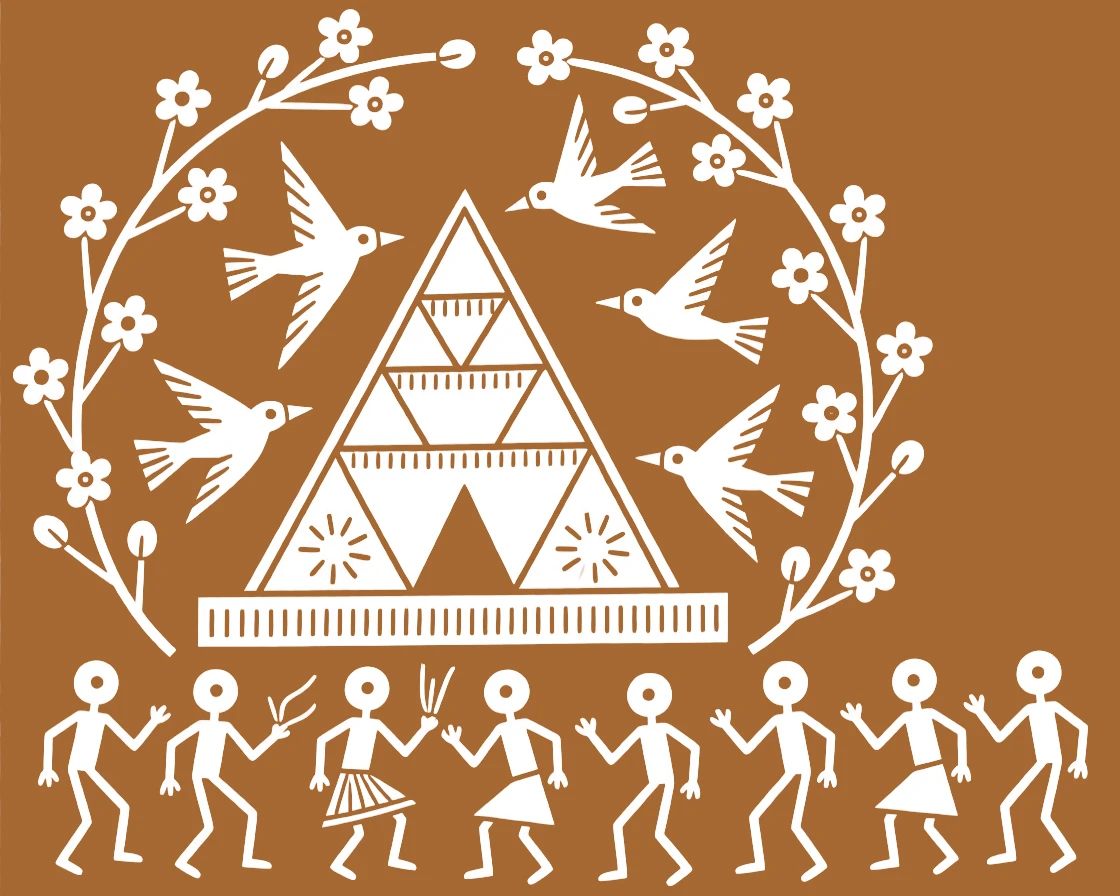 A composition centered on a mountain shrine encircled by birds and blooming branches.