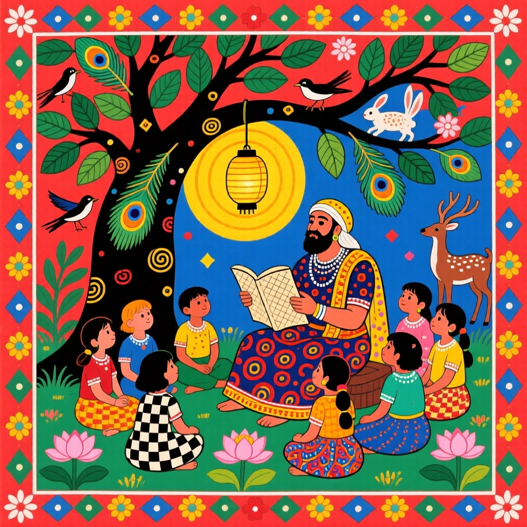 A village storyteller gathering children beneath a lantern-lit tree.