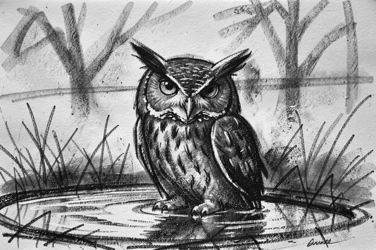A great horned owl gathered around a watering hole at dusk.