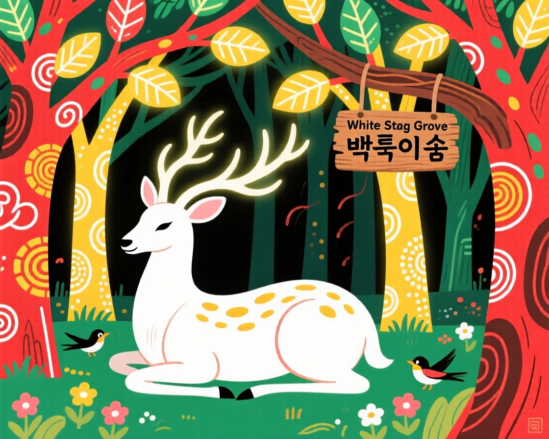 A hidden grove where a great white stag rests beneath glowing trees.
