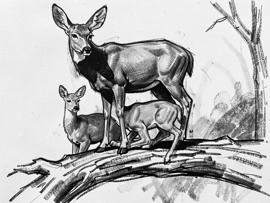 A deer and its fawn perched on a weathered tree branch.