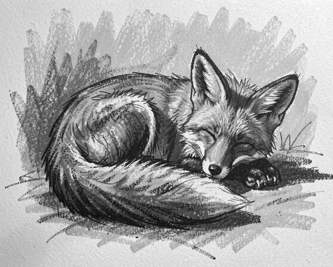 A red fox resting peacefully in golden afternoon light.