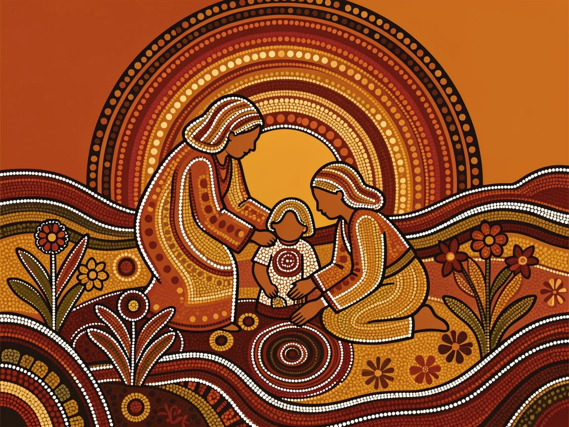 A grandmother and grandchild tending a garden at sunset