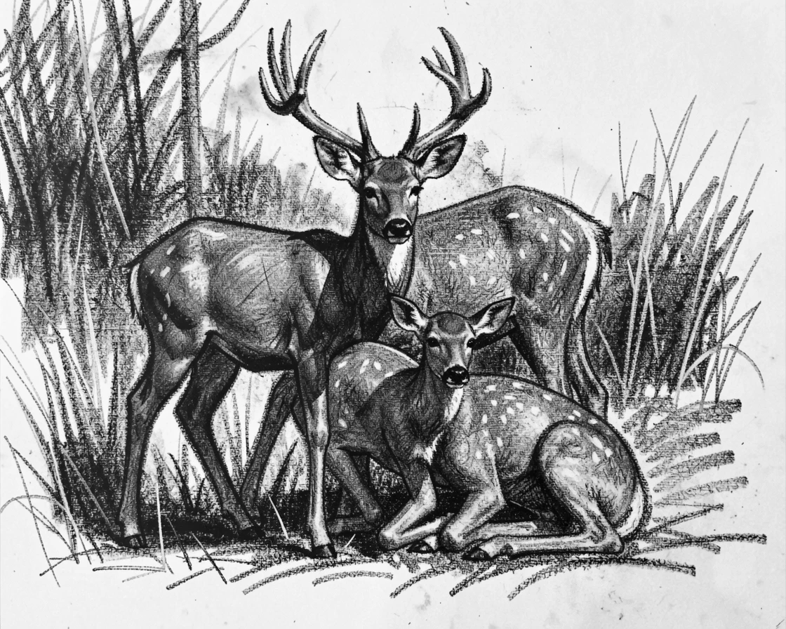 A deer and its fawn gathered together as a family in their natural habitat.