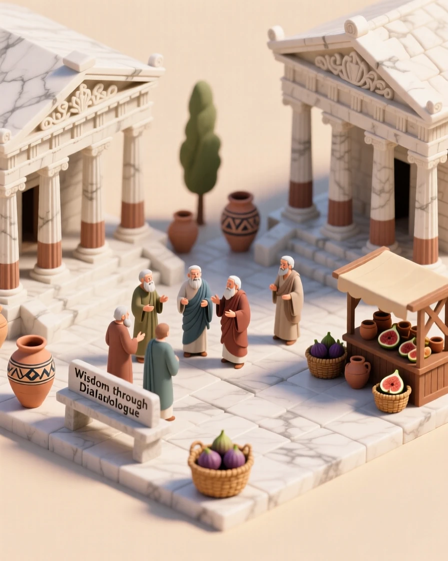 An ancient Greek agora with philosophers debating beneath marble temples, vendors selling figs and pottery nearby.