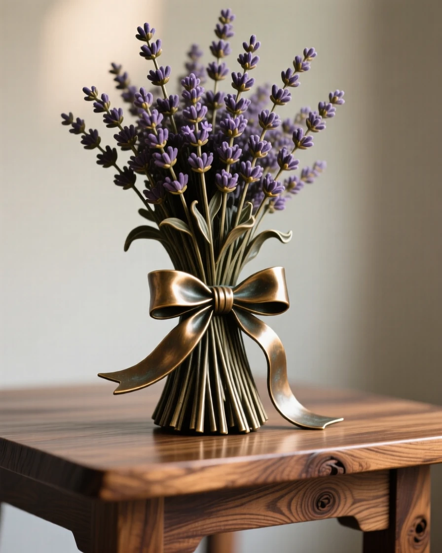A bundle of lavender tied with ribbon on a wooden table, rendered with soft natural light and rich texture, forming an elegant, balanced composition