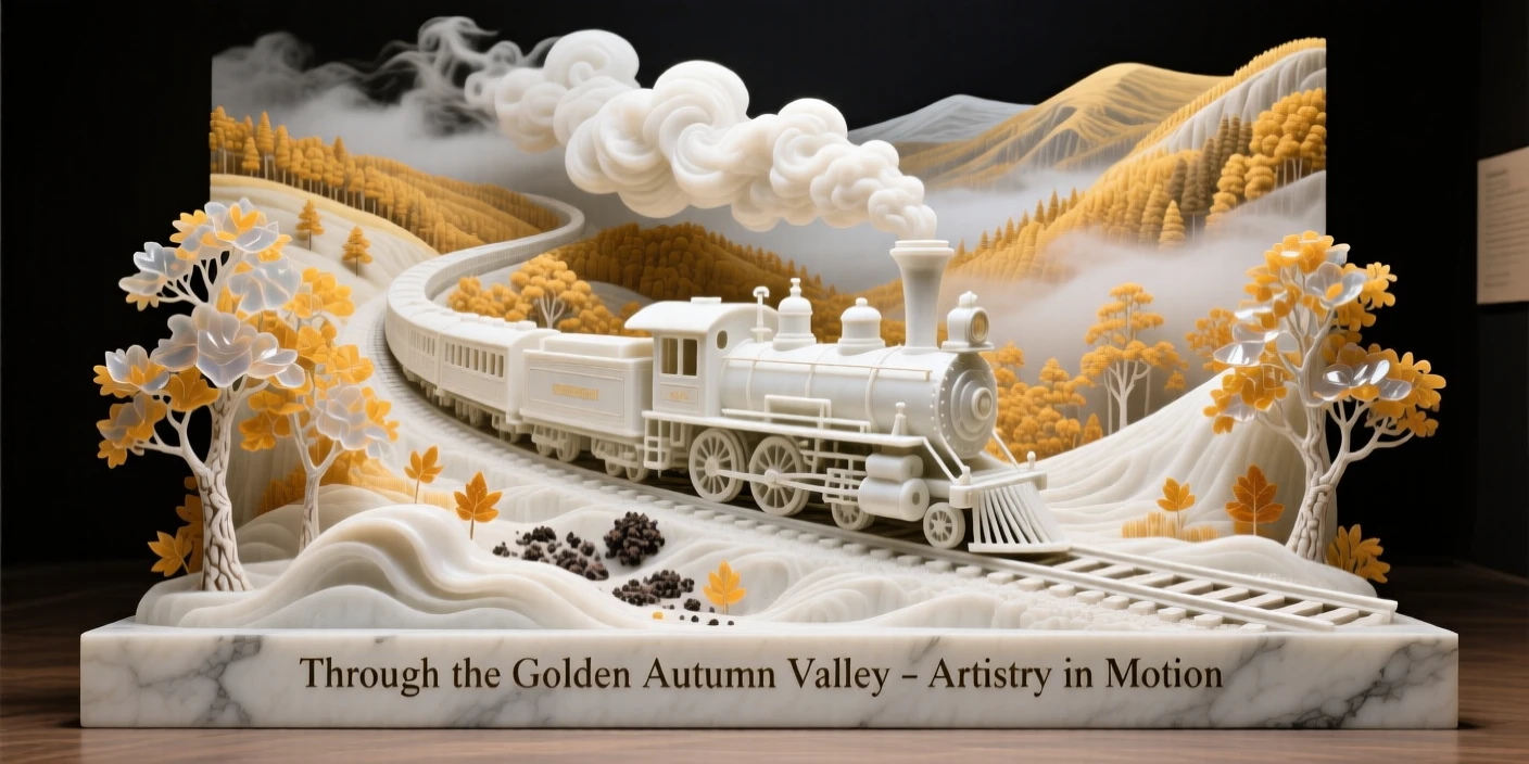 An evocative depiction of a train winding through a golden autumn valley, amid swirling clouds and mist, balancing detail with emotional depth