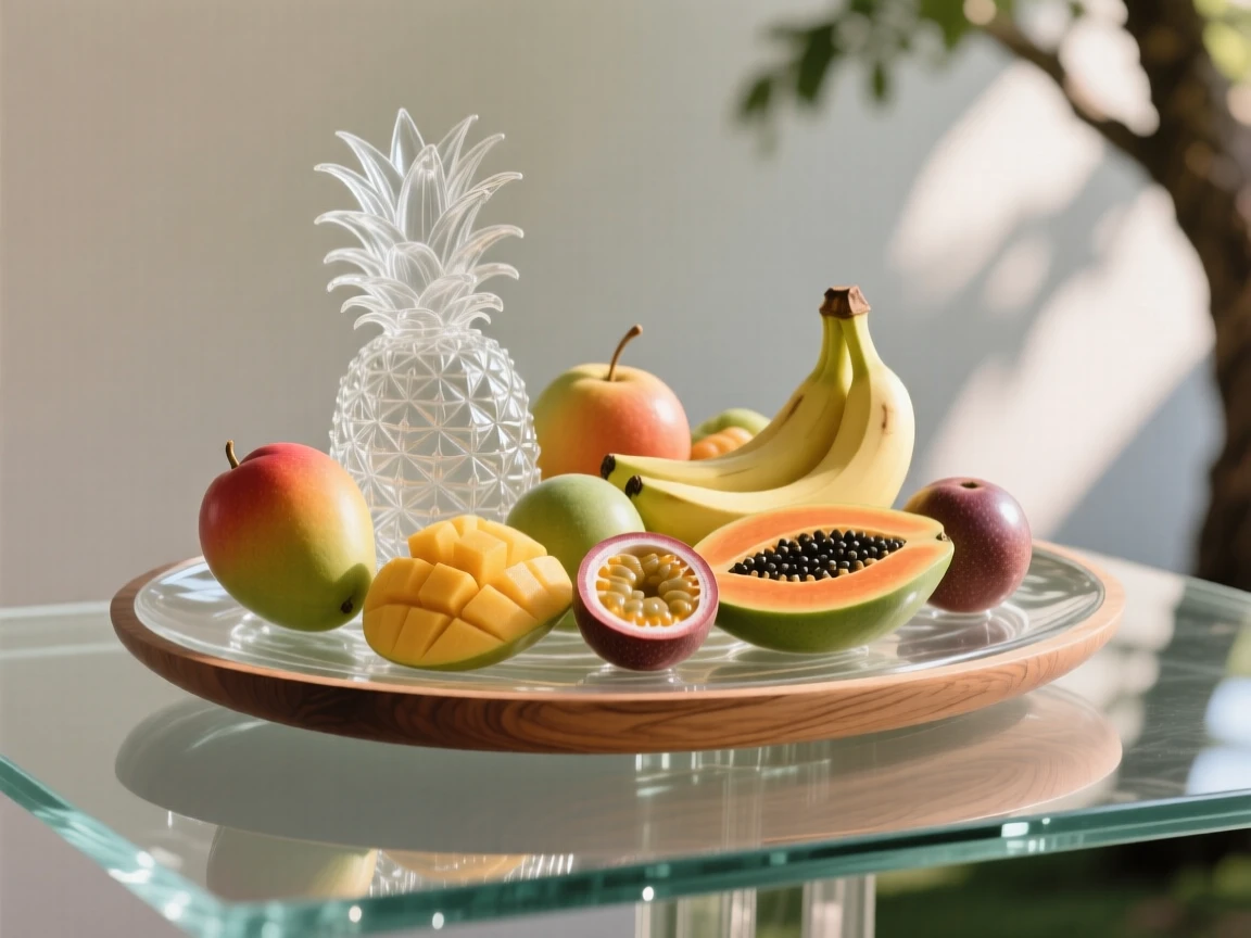 A spread of tropical fruit arranged on a wooden platter, on a table set outdoors beneath a shady tree
