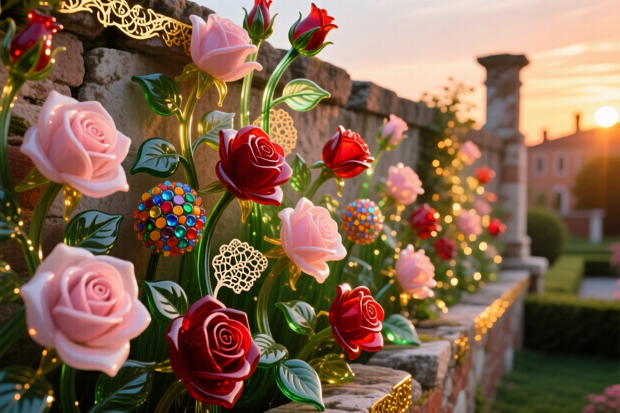 A field of blooming roses cascading over an ancient garden wall at the last light of sunset, romantic and lush.
