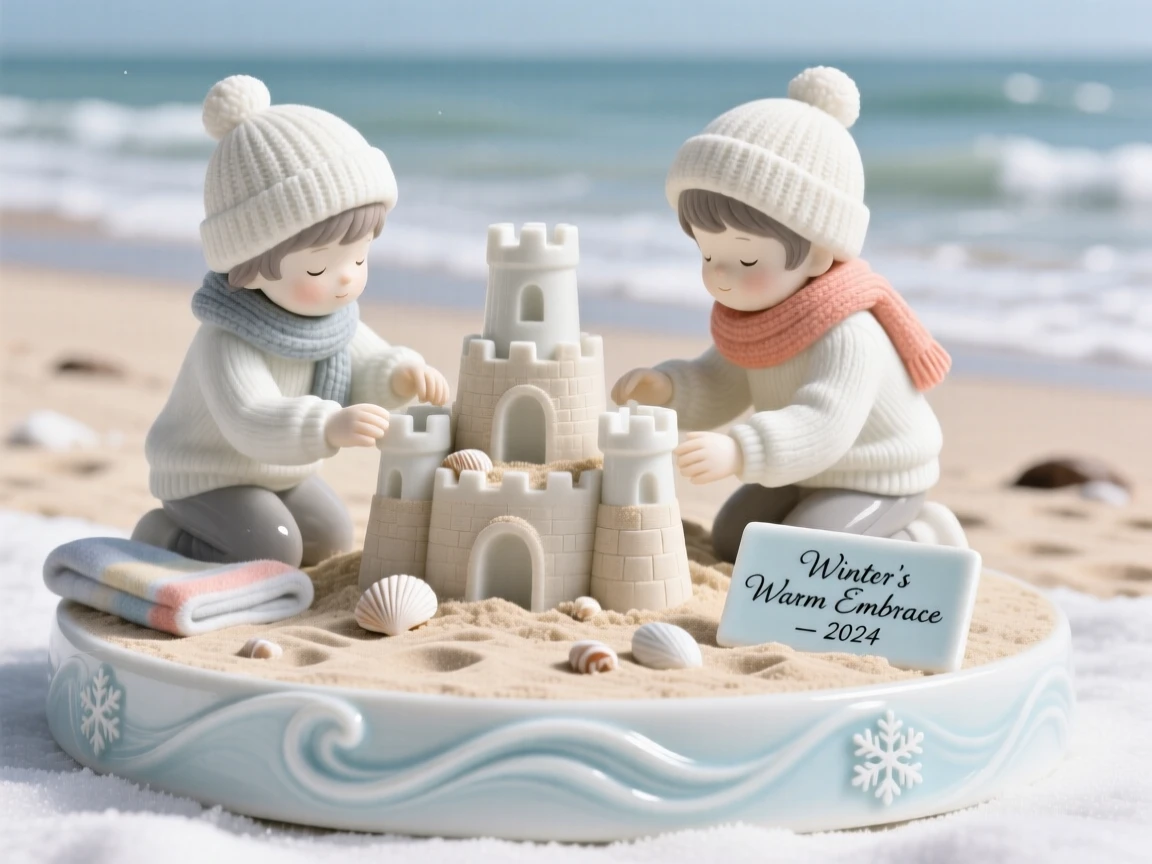 A cozy winter moment: a warm beach scene with children building sandcastles, framed by the colors of the season.