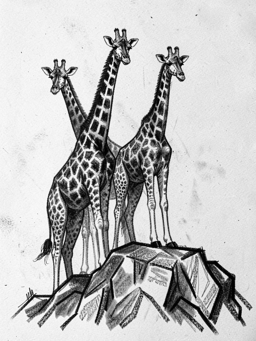 A giraffe family standing alert atop a rocky outcrop.