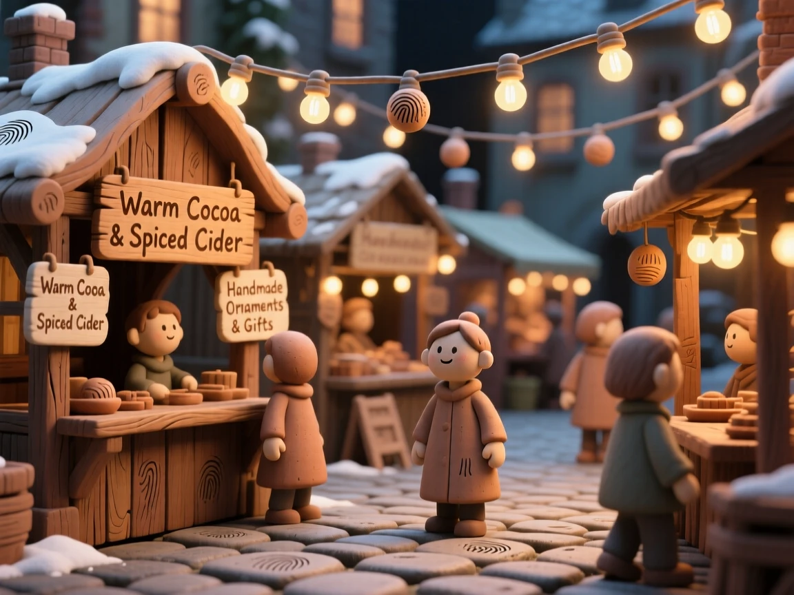 A holiday market square glowing with lights and wooden stalls