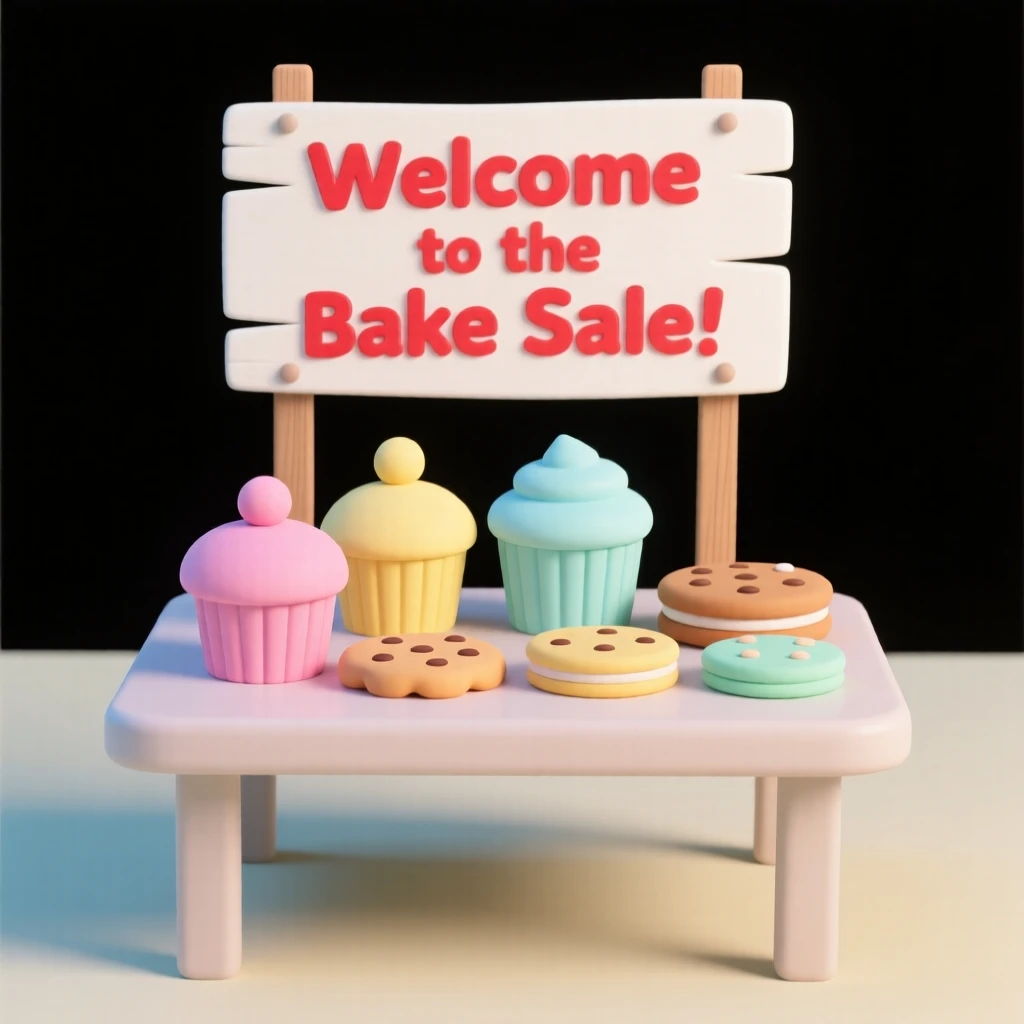 A cheerful bake sale table overflows with colorful cupcakes, cookies, and a hand-painted welcome sign.
