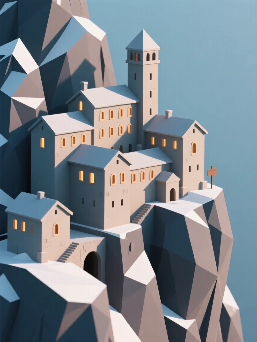A grand mountain monastery perched on a cliffside, dusted lightly with fresh snow. warm window lights add a cozy glow to the scene. The place feels steeped in history.