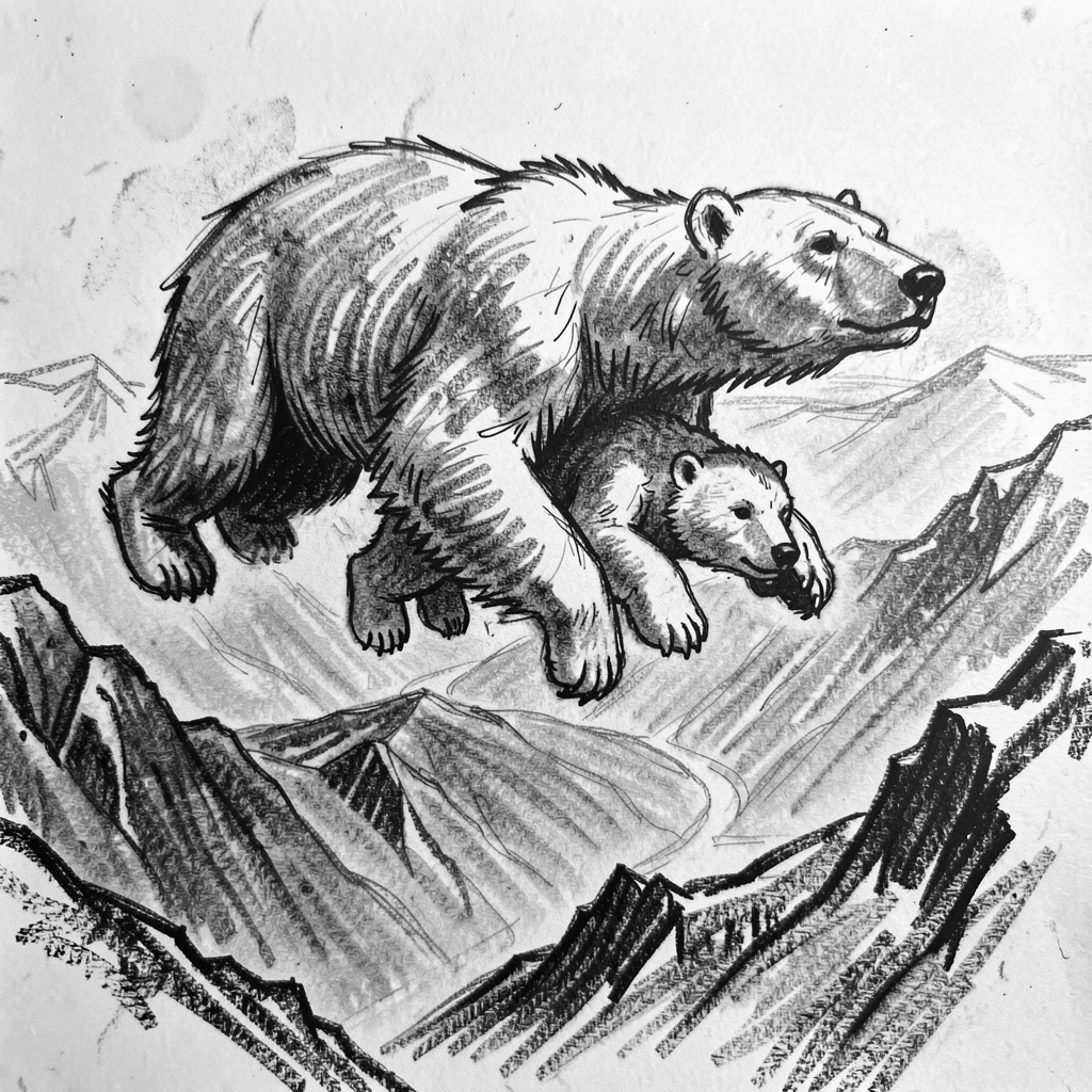 A polar bear and her cubs soaring high above a mountain valley.
