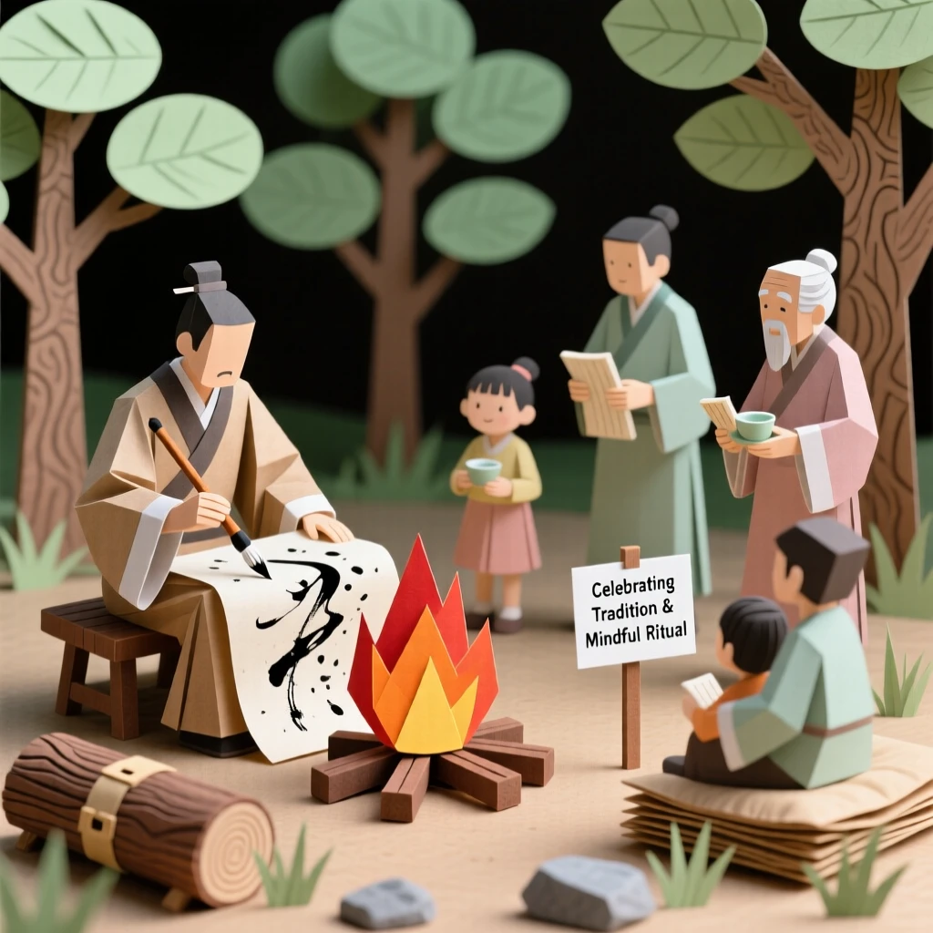 A skilled calligrapher at work gathered around a crackling bonfire, with generations gathered together in celebration, conveying mindful ritual and tradition.
