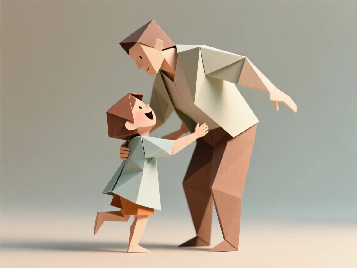 A child's excited hug for a parent returning home after a long trip.