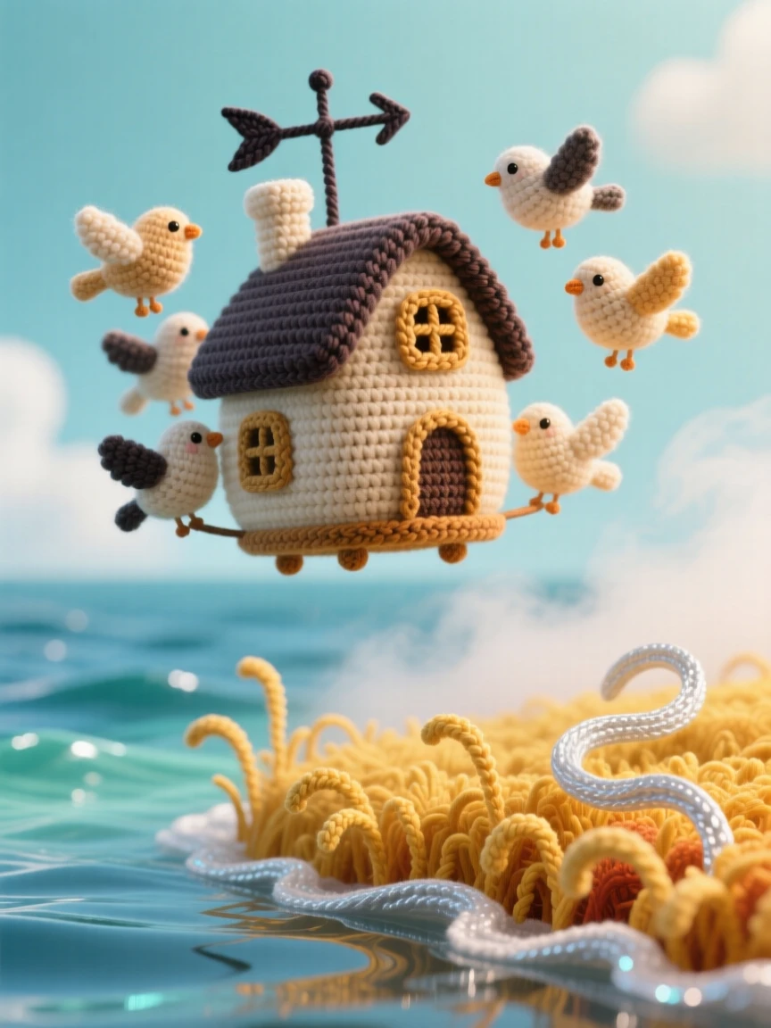 An imaginative scene of a small floating farmhouse carried by a flock of birds with a tiny weathervane spinning, drifting above a golden field perched above a calm and glassy sea; a small ribbon of drifting mist nearby, full of gentle magical wonder.