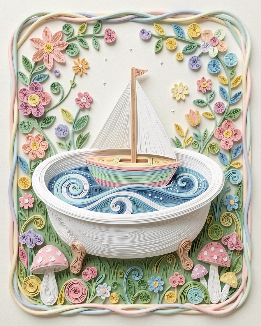 A whimsical children's scene of a toy sailboat racing across a bathtub sea in an enchanted backyard garden, in a playful pastel color scheme, framed with soft rounded borders like a picture book page.