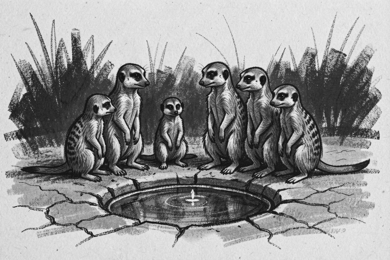 A meerkat family standing alert gathered around a watering hole at dusk.