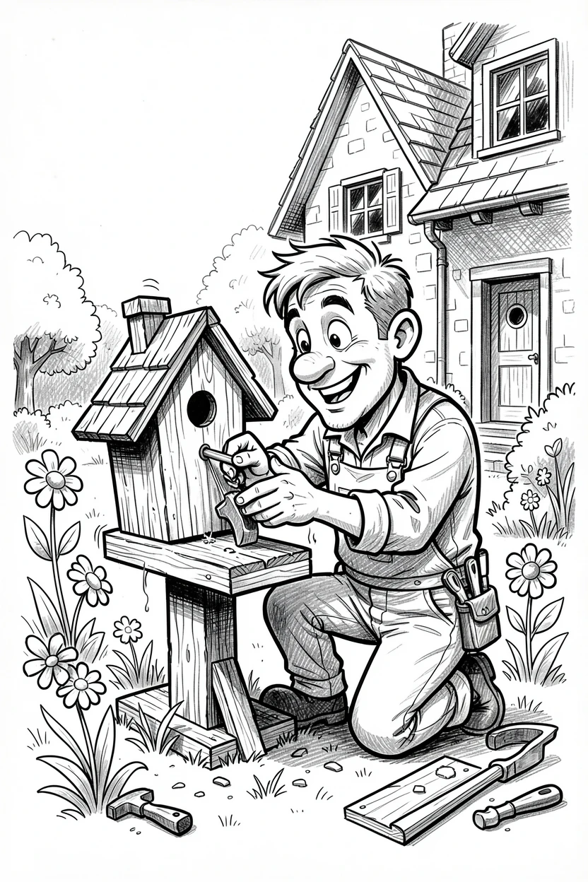 A carpenter building a wooden birdhouse in a garden behind a cottage.