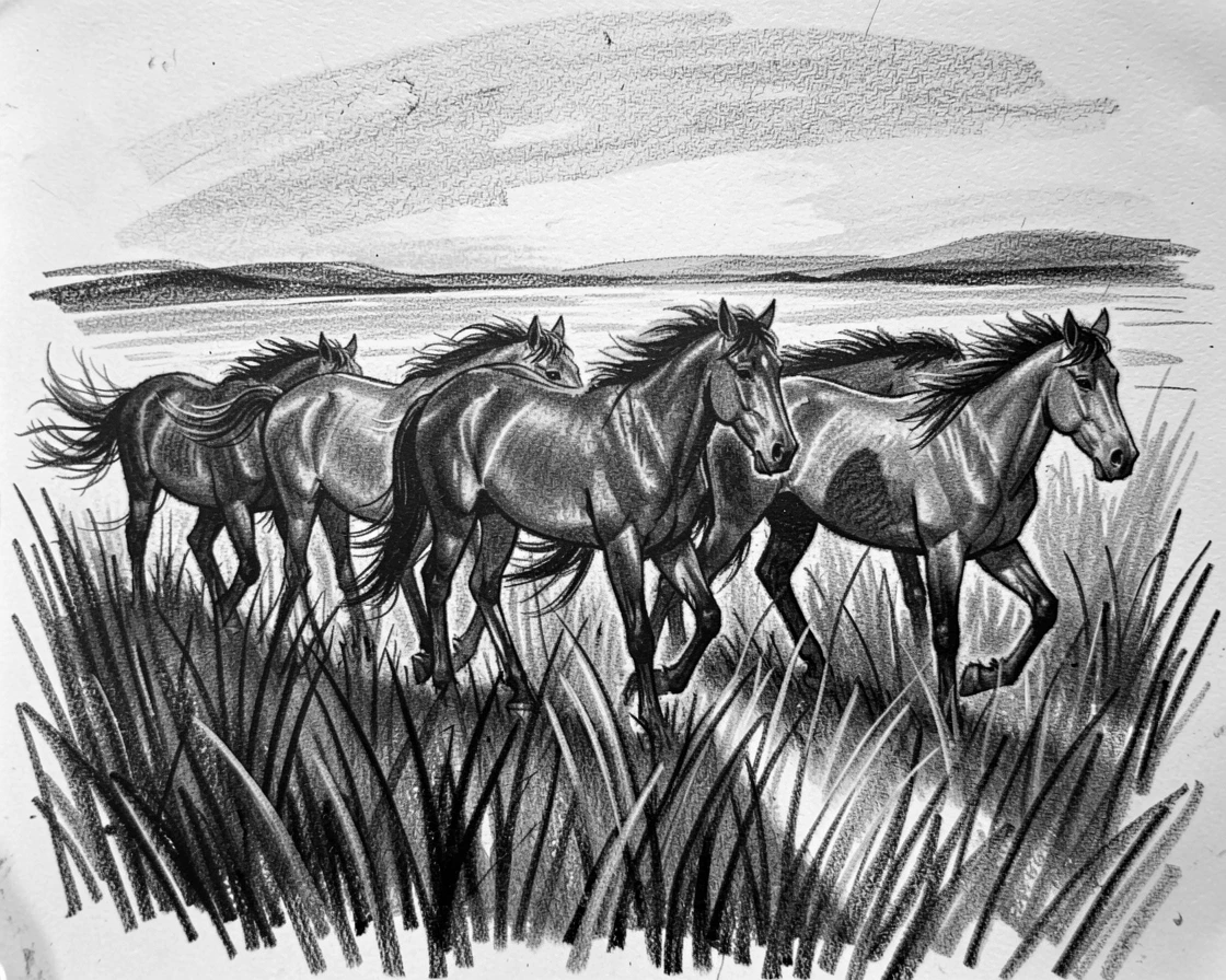 A herd of wild horses walking through tall savanna grass at sunrise.