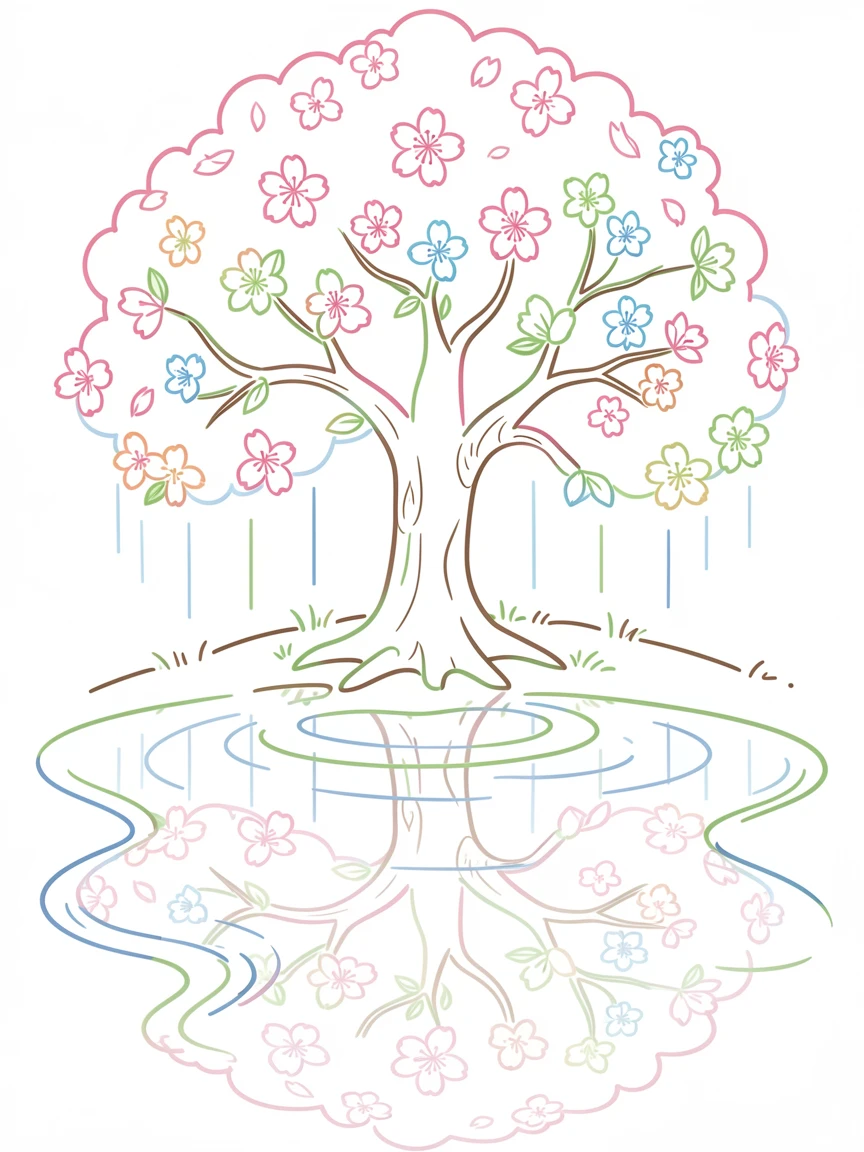 A spring rain puddle reflecting a blooming cherry tree above.