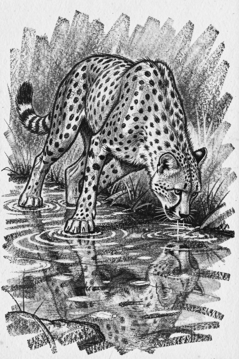 A cheetah mid-sprint drinking from a crystal-clear stream.