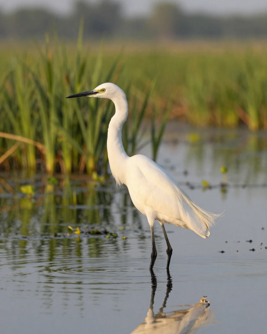 A snowy egret wading through a quiet wetland