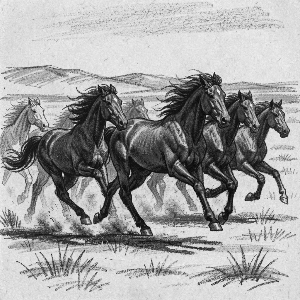A herd of wild horses running freely across an open plain.
