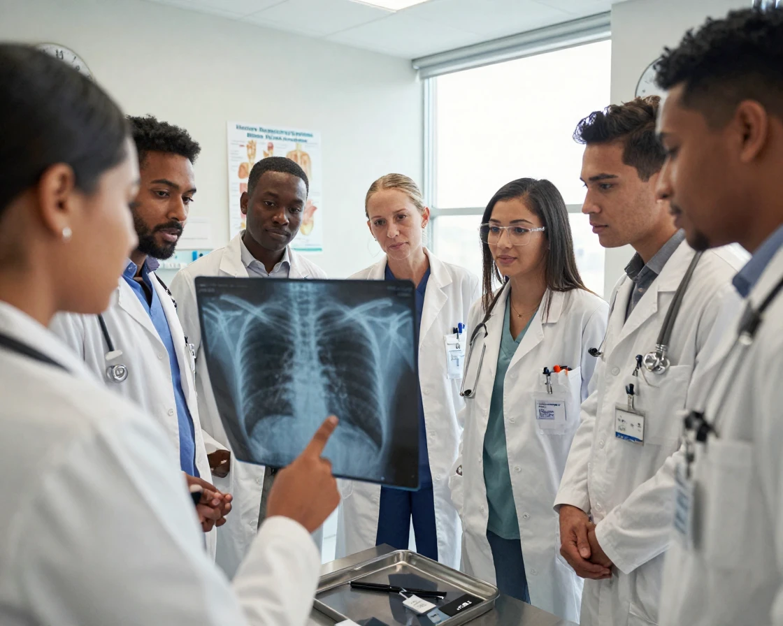 A group of medical students examines an X-ray together in a teaching hospital.