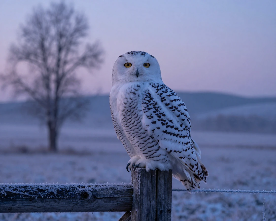 A snowy owl perched silently on a frost-covered fence post at twilight