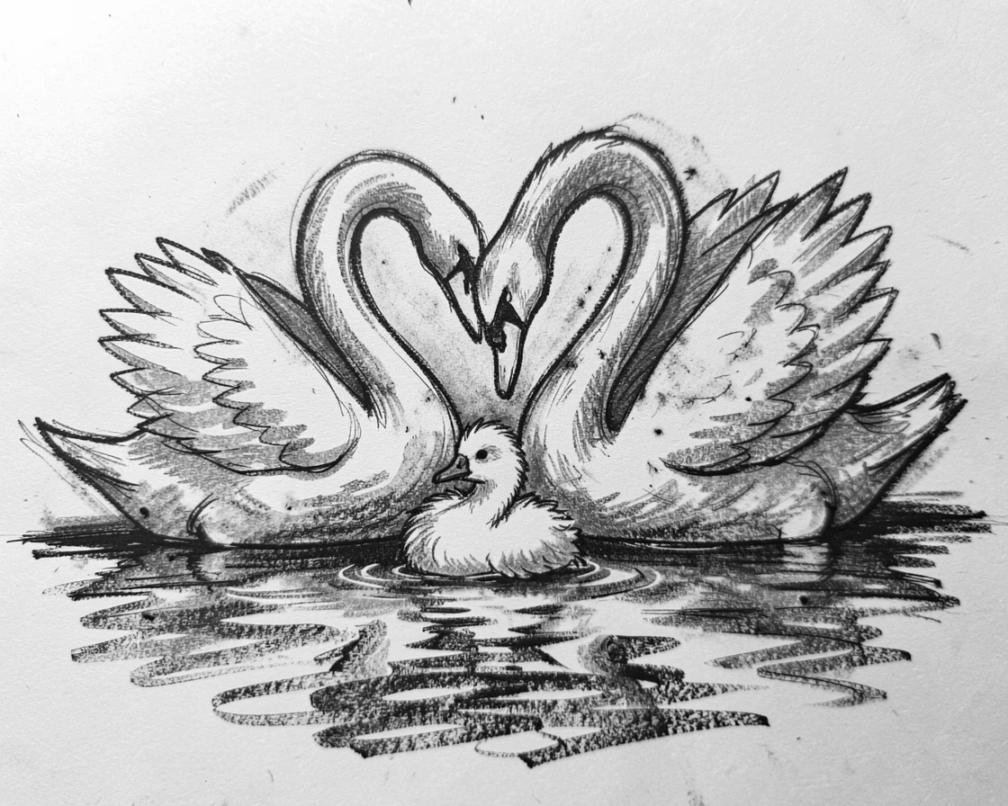 A pair of swans grooming its young with gentle care.