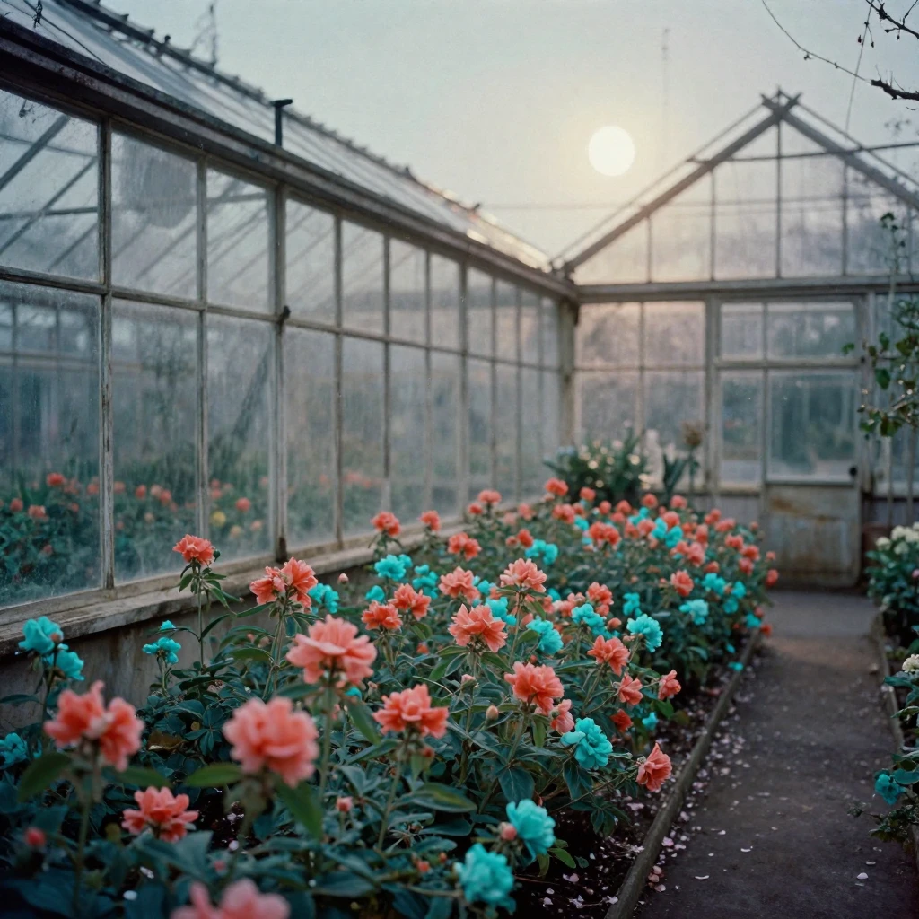 A sunlit greenhouse filled with rows of blooming plants, under moonlight, with a soft breeze stirring the air, as spring blossoms unfurl, in vivid coral and turquoise hues, from a wide establishing view.